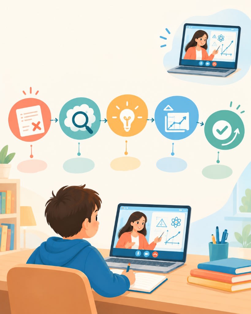 From error to mastery: diagnose the misconception, unlock insight, apply with visual tools, then build independent skill.