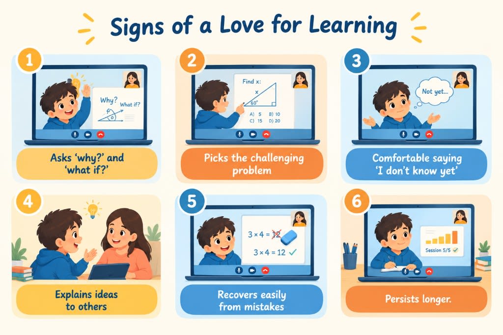 Signs of a love for learning: asking why, choosing hard problems, saying 'not yet,' explaining ideas, recovering from mistakes, and persisting longer.
