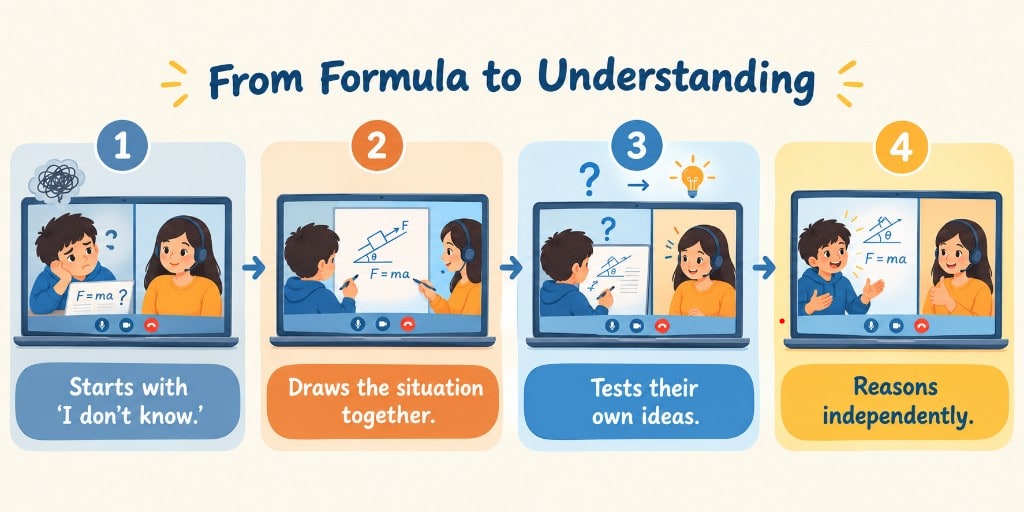 From formula to understanding: a student moves from 'I don't know' to drawing, testing ideas, and reasoning independently.