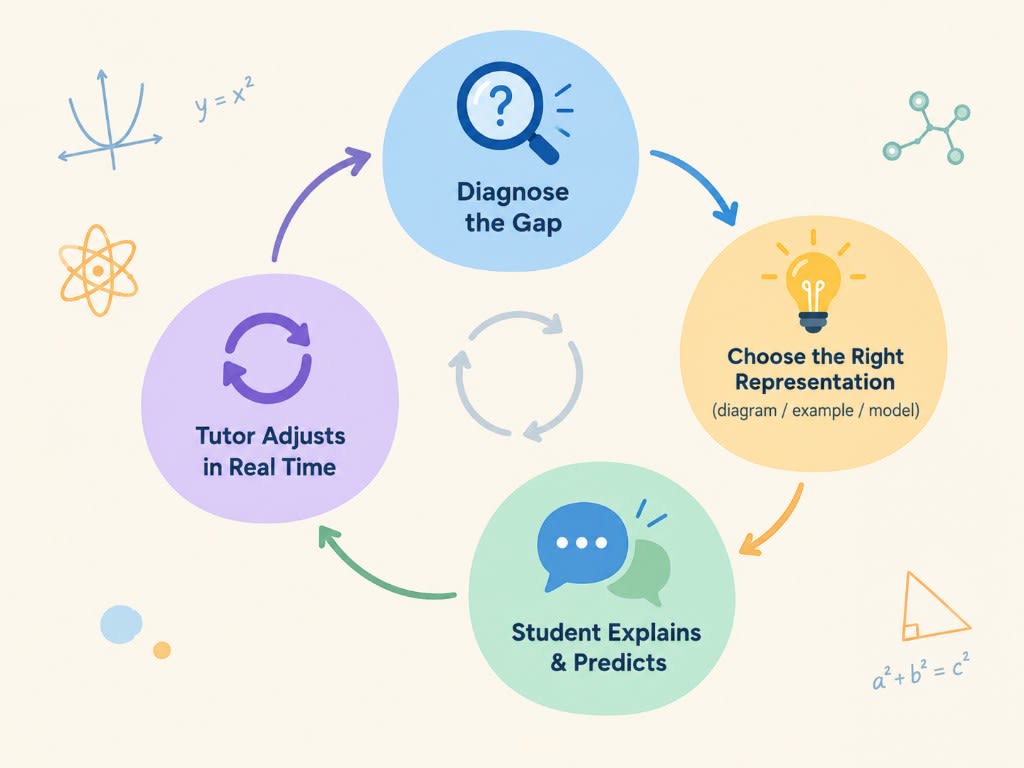 Effective tutoring cycle: diagnose the gap, choose the right representation, student explains and predicts, tutor adjusts in real time.