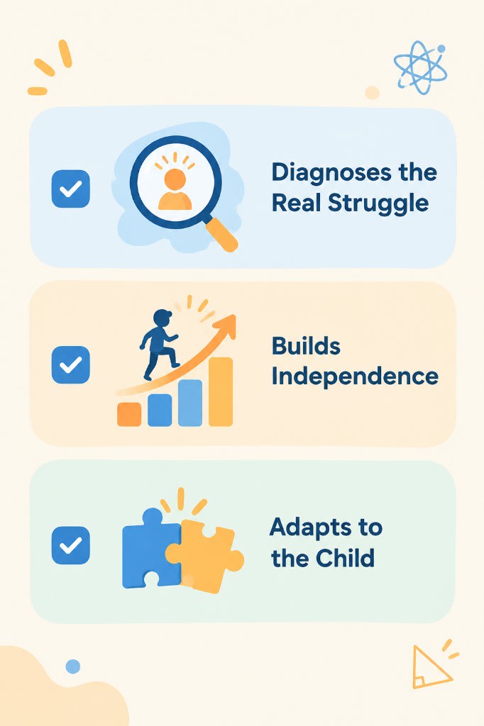 Parent evaluation checklist for online tutoring: diagnoses the real struggle, builds independence, and adapts to the child.