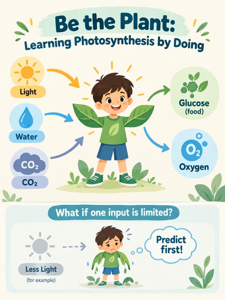 Photosynthesis role-play: a child acting as a plant, with light, water, and CO₂ as inputs and one input limited.