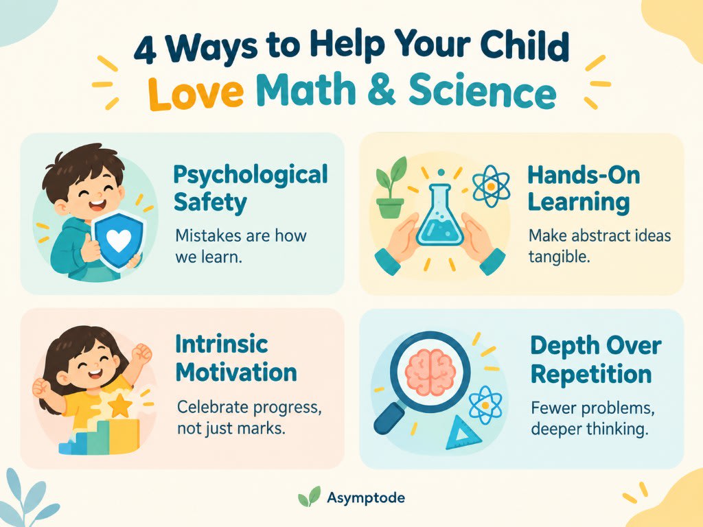 Four key strategies for parents: psychological safety, hands-on learning, intrinsic motivation, and depth over repetition.