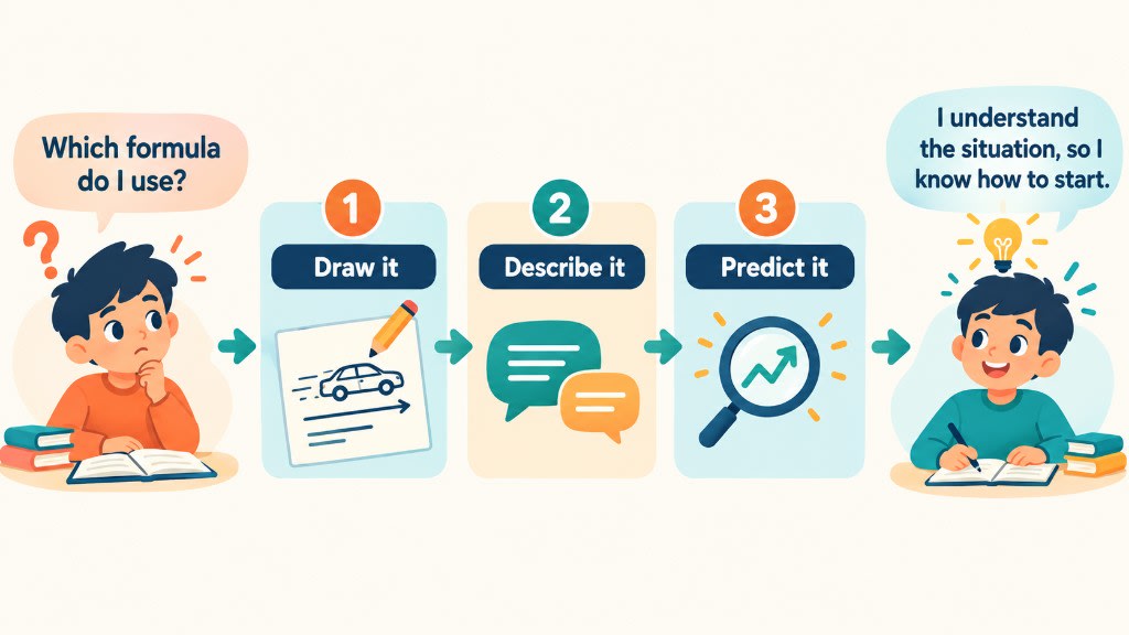 From 'Which formula do I use?' to understanding: draw it, describe it, then predict it.