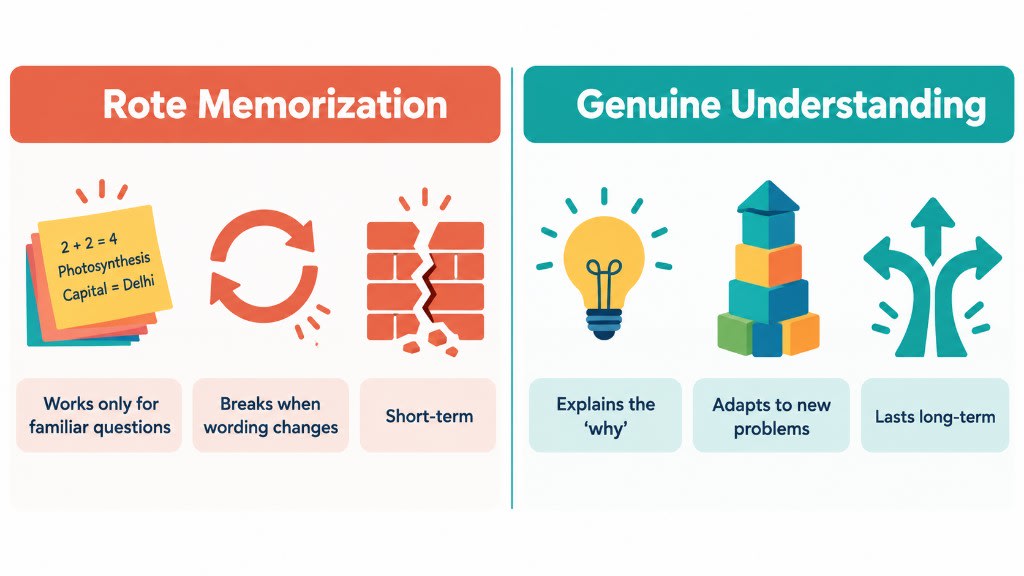 Rote memorization vs genuine understanding: short-term familiar answers versus explaining why, adapting to new problems, and lasting long-term.