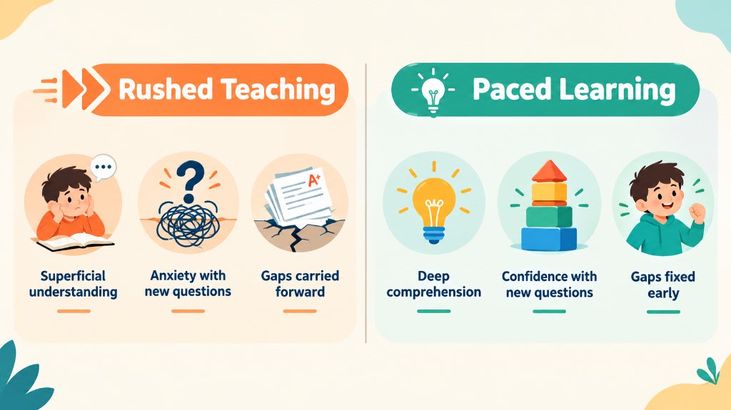 Rushed teaching vs paced learning: superficial understanding and gaps carried forward versus deep comprehension, confidence, and gaps fixed early.