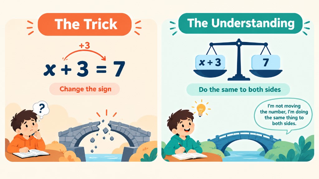 The algebra trick versus true understanding: changing the sign across the equals mark versus doing the same operation to both sides of a balance.