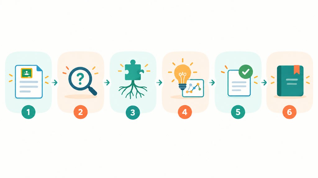 Six steps for tutoring with Google Classroom: review the assignment, find the stuck point, trace the root cause, reteach, apply independently, and record the insight.
