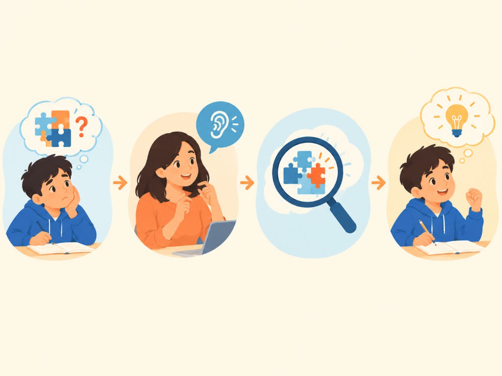 Diagnostic empathy in four steps: a stuck student, a tutor who listens, a close look at the missing piece, then the student explains it themselves.
