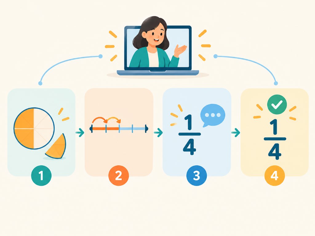 Four steps to the same fraction: a visual model, a number line, saying the fraction out loud, then the notation once the idea is solid.