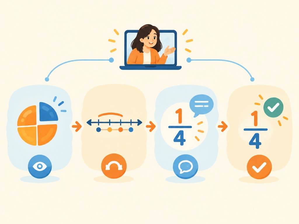 An online tutor makes one idea visible four ways: a diagram, a number line, saying it out loud, then the written answer.