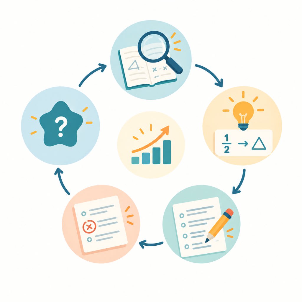The tutoring loop: start from the question, examine the work, connect the idea, practice it, learn from the miss, and watch understanding rise.