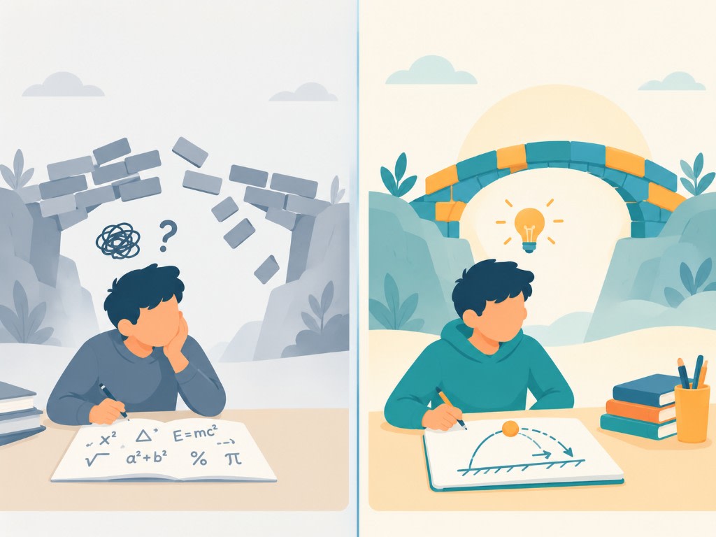 A student stuck under a broken bridge of formulas, then the same student drawing the situation once the idea connects.