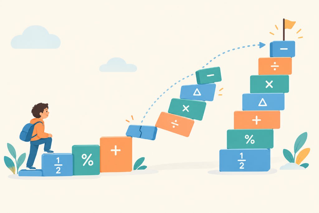 A student starts on early math steps that break before the next level, while a repaired foundation climbs all the way to the goal.