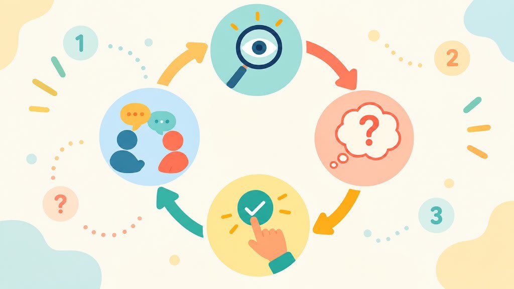 A curiosity loop: talk it through, look closely, ask what happens next, then check whether the idea holds.