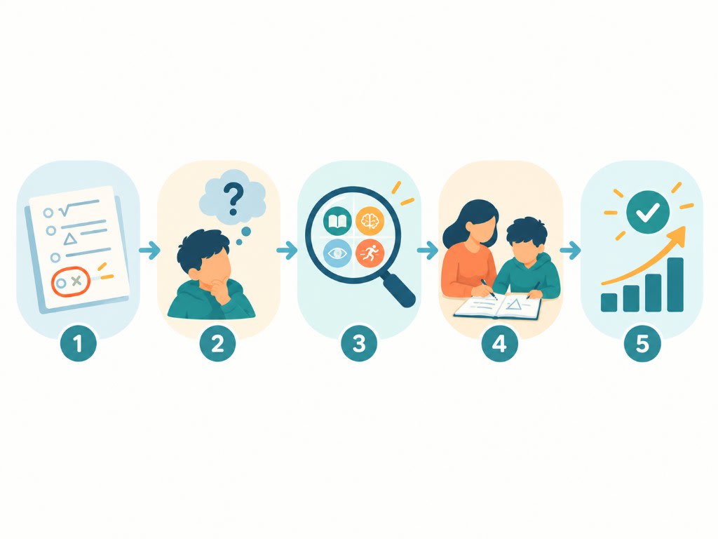Five steps after a practice test: mark the miss, ask what the student was thinking, look at the real cause, work it through together, then see the improvement.