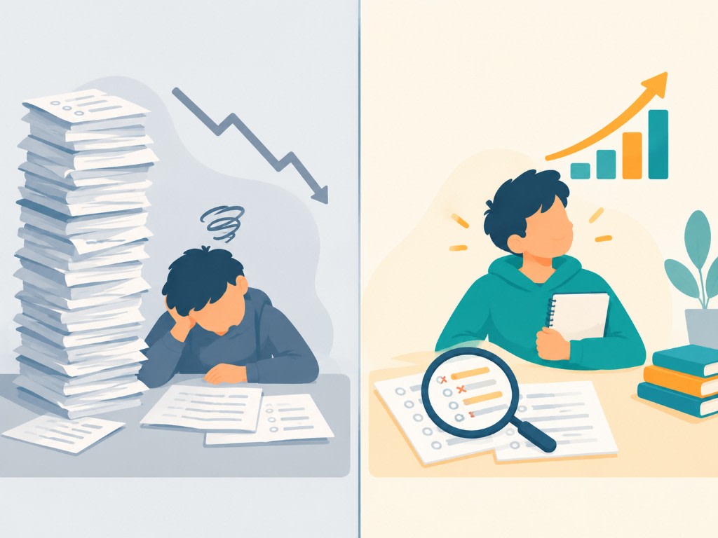 A pile of practice tests and a falling score, beside a student who studies a few mistakes closely and starts to improve.