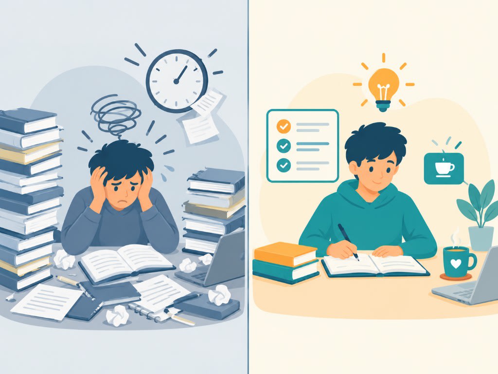 A packed calendar of cramming and stress, beside a calmer plan with a short checklist, rest, and room to understand.