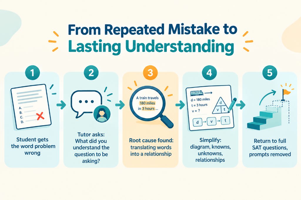 Five steps from a repeated SAT mistake to lasting understanding: the miss, the question behind it, the root cause, a simpler setup, then a full question without prompts.