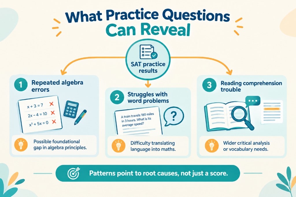 SAT practice results pointing to three root causes: algebra foundations, translating word problems, and reading or vocabulary needs.