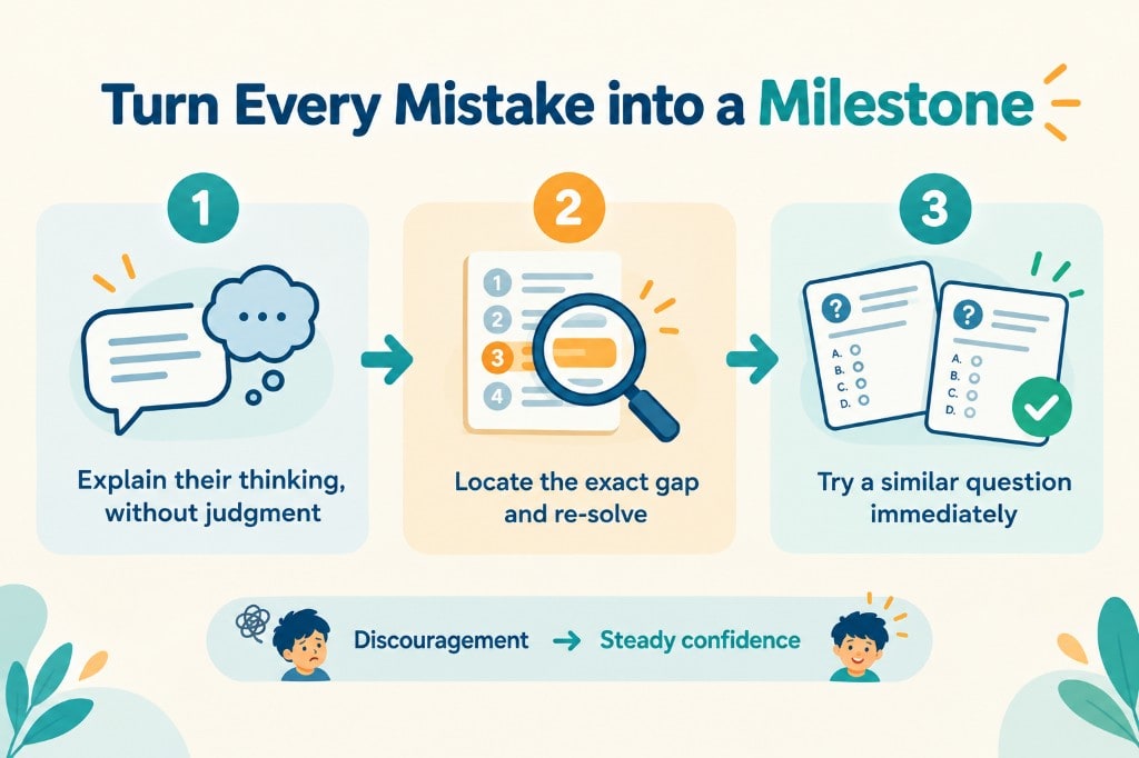 Three steps that turn a mistake into a milestone: explain the thinking, locate the gap and re-solve, then try a similar question.
