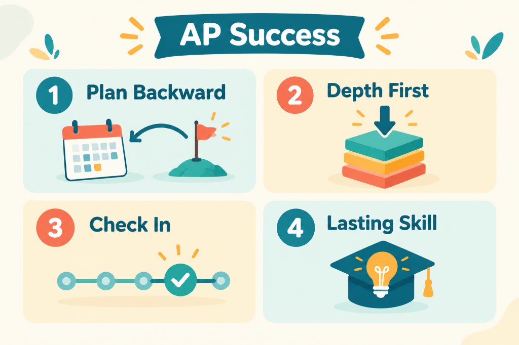 Four parts of AP success: plan backward from the exam, go deep first, check in, and build a skill that lasts.