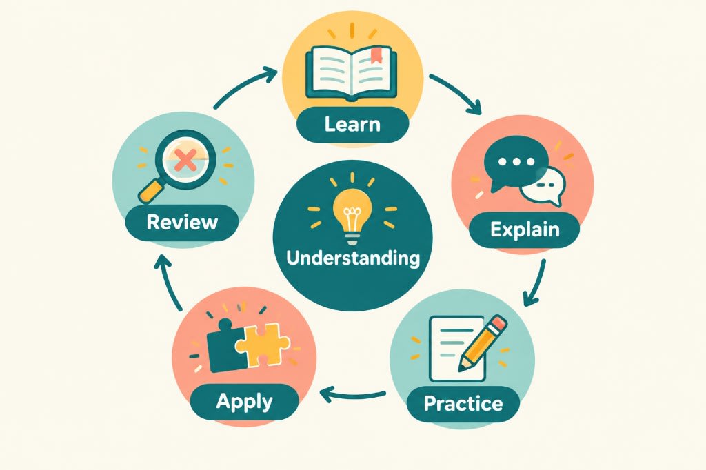 A learning cycle around understanding: learn, explain, practice, apply, then review.