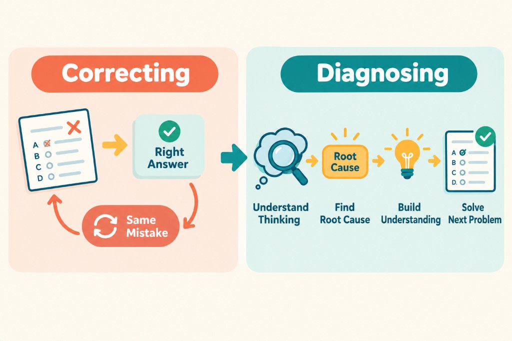 Correcting an answer can loop back to the same mistake. Diagnosing means understanding the thinking, finding the cause, rebuilding the idea, and solving the next problem.