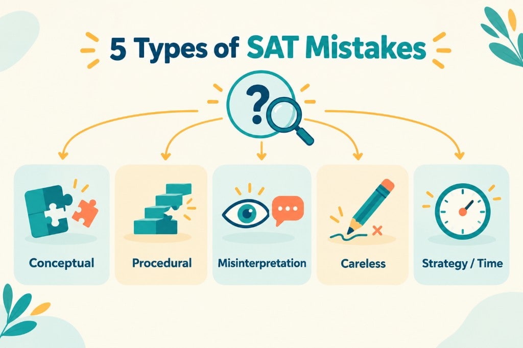 Five types of SAT mistakes: conceptual, procedural, misinterpretation, careless, and strategy or time.