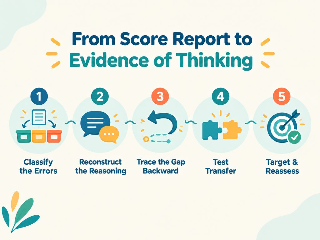 Five steps from a score report to evidence of thinking: classify the errors, reconstruct the reasoning, trace the gap backward, test transfer, then target and reassess.