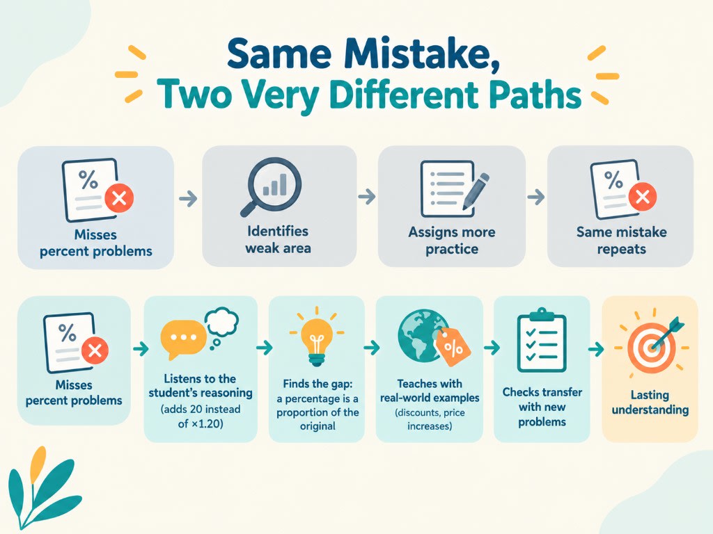 The same missed percent problems: more practice repeats the mistake, while listening to the reasoning, finding the proportion gap, and testing a new problem builds lasting understanding.