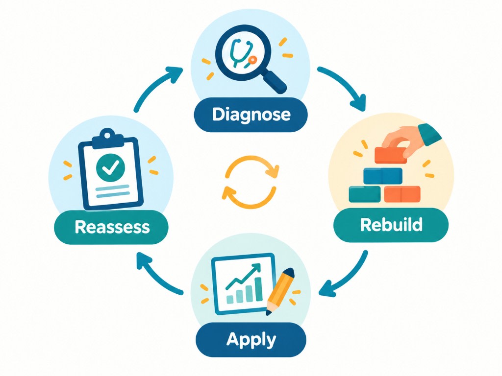 A tutoring cycle: diagnose the gap, rebuild the missing idea, apply it to current work, then reassess with a changed problem.