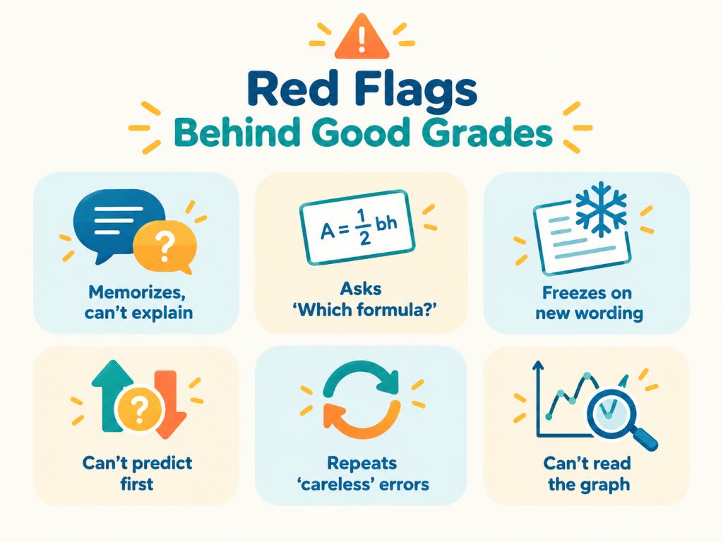 Six red flags that can hide behind good grades: memorizing without explaining, asking which formula, freezing on new wording, not predicting first, repeating careless errors, and not reading the graph.