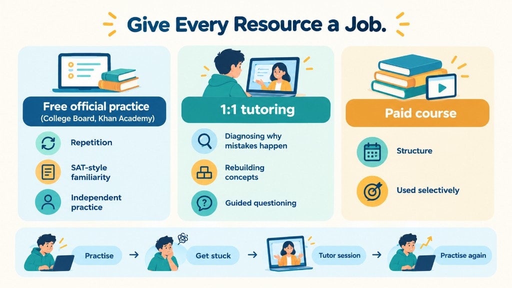 Three SAT resources with different jobs: free official practice for repetition, 1:1 tutoring for diagnosis and rebuilding concepts, and a paid course used selectively for structure.