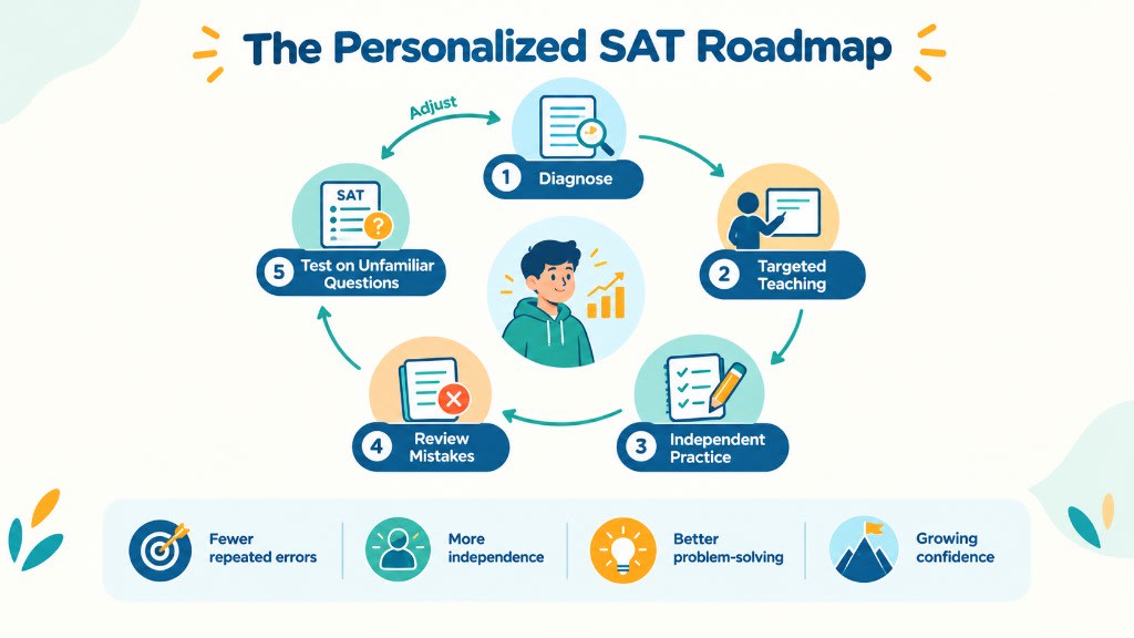 A five-step SAT roadmap: diagnose, teach the gap, practise independently, review mistakes, then test on unfamiliar questions, with progress shown as fewer repeated errors, more independence, better problem-solving, and growing confidence.