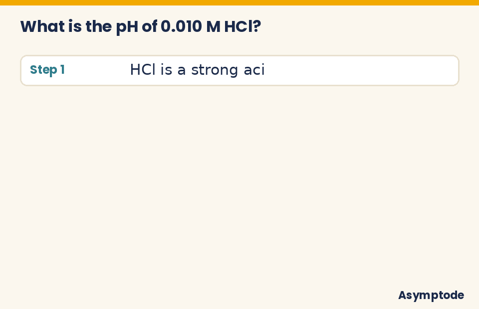 Animated step-by-step pH calculation for 0.010 M hydrochloric acid