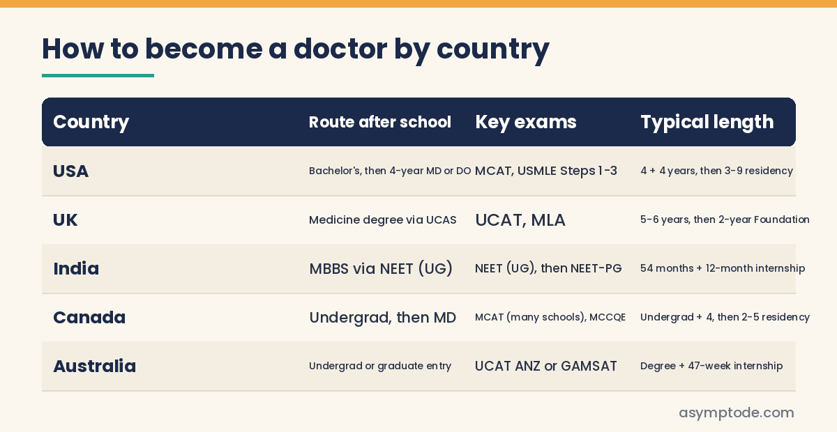 Table comparing how to become a doctor in the USA, UK, India, Canada and Australia