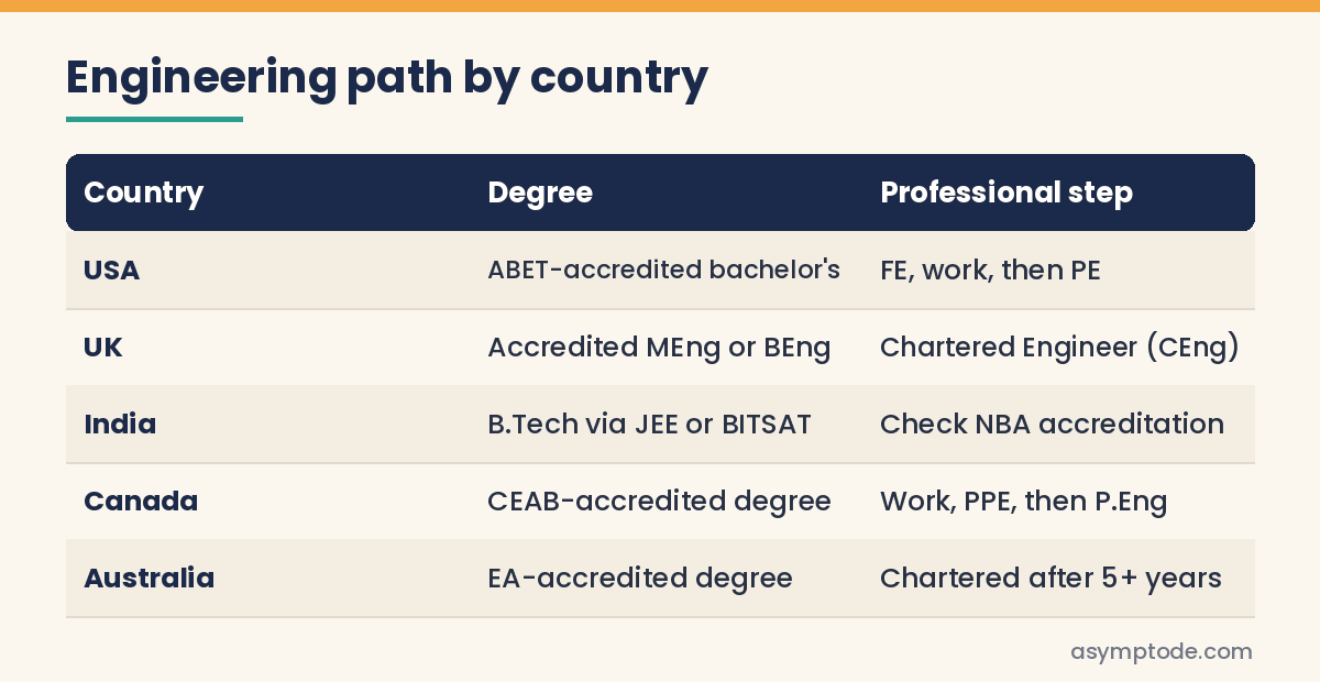 Table comparing the engineering path in the USA, UK, India, Canada and Australia