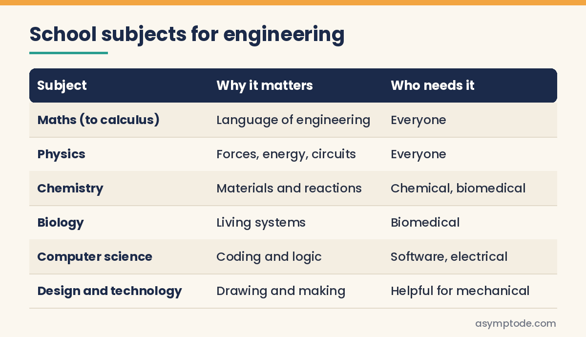 Table of school subjects for engineering and which branches need them