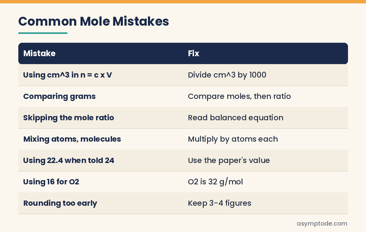 Table of common mole concept mistakes and fixes