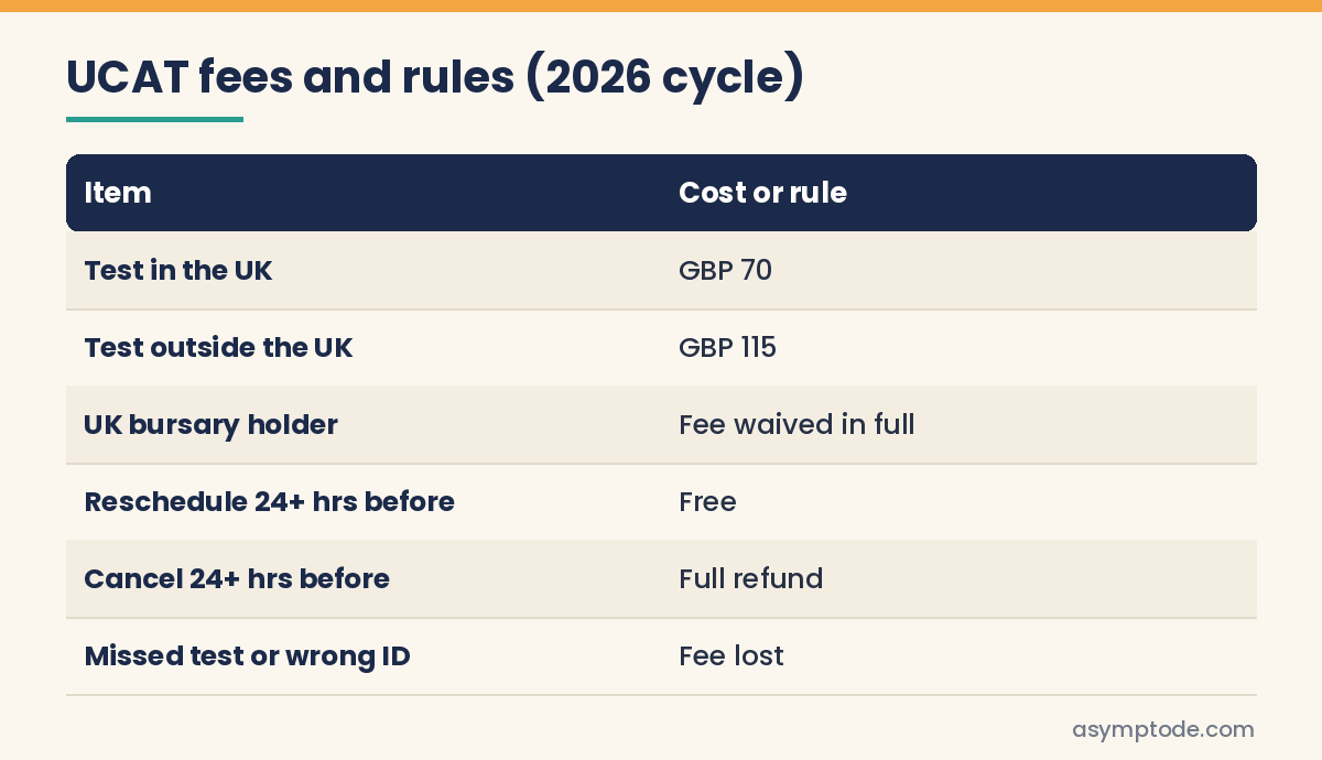 Table of UCAT 2026 test fees in and outside the UK and bursary details