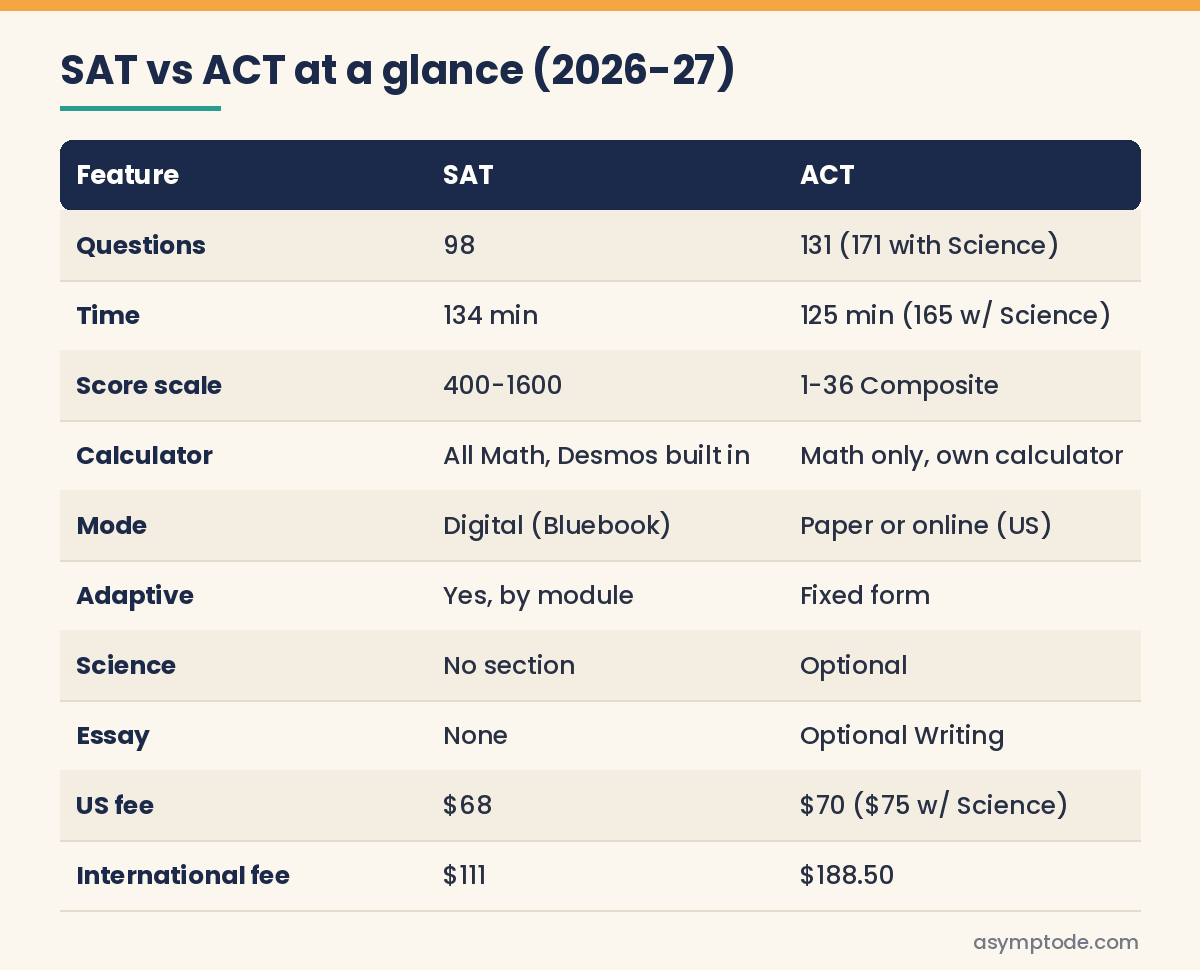 Table comparing SAT and ACT sections, timing, scoring and fees for 2026-27