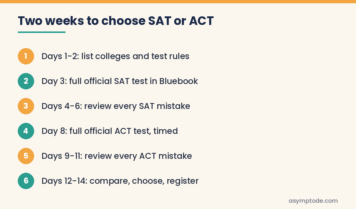 Steps of a two-week plan to choose between the SAT and ACT