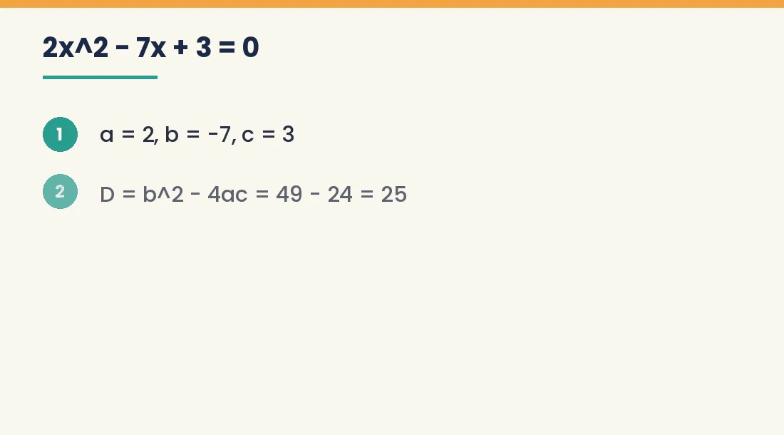 Step by step solution of 2x^2 - 7x + 3 = 0 with the quadratic formula