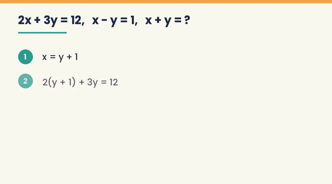 Animated SAT-style worked example: solving 2x + 3y = 12 and x - y = 1 gives x = 3, y = 2 and x + y = 5