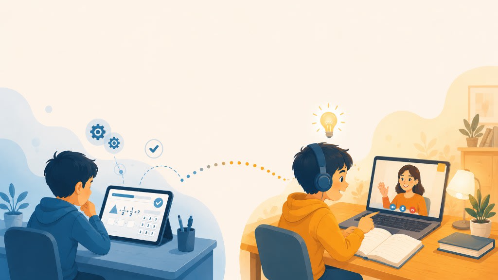 Left: a child working alone at a tablet on auto-marked exercises. Right: the same child in a live one-to-one class, wearing headphones and talking to a mentor on a laptop screen with an open book beside him.