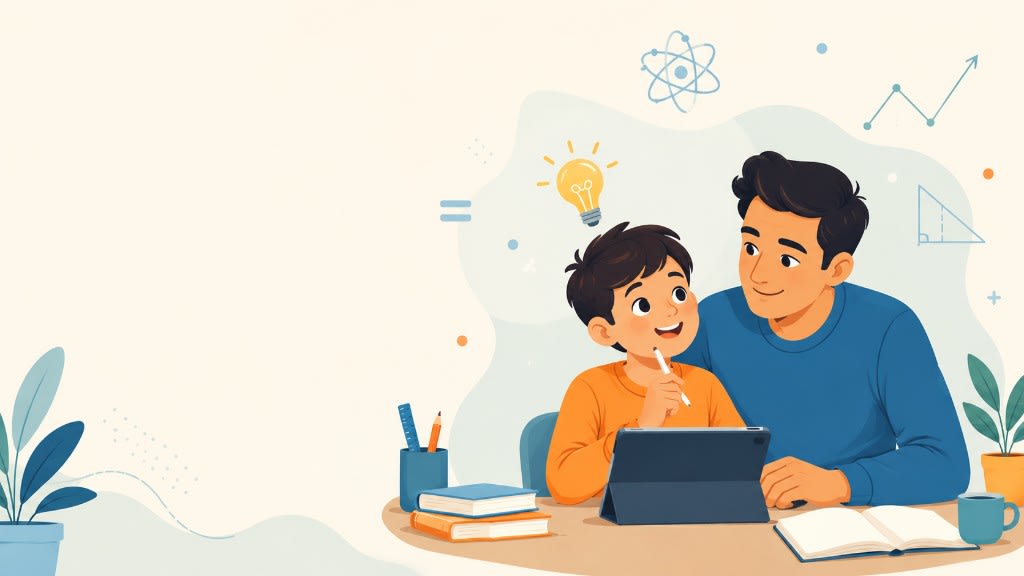 A tutor sitting beside a child at a tablet, working through a problem together