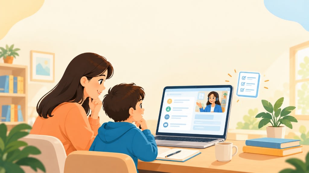 An illustration of a parent thinking over a list of questions beside her child at a laptop lesson