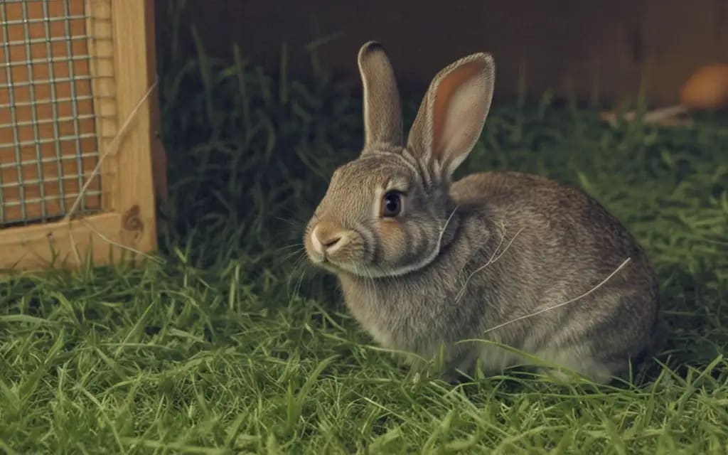 A healthy grey rabbit sits in a wooden cage on grass
