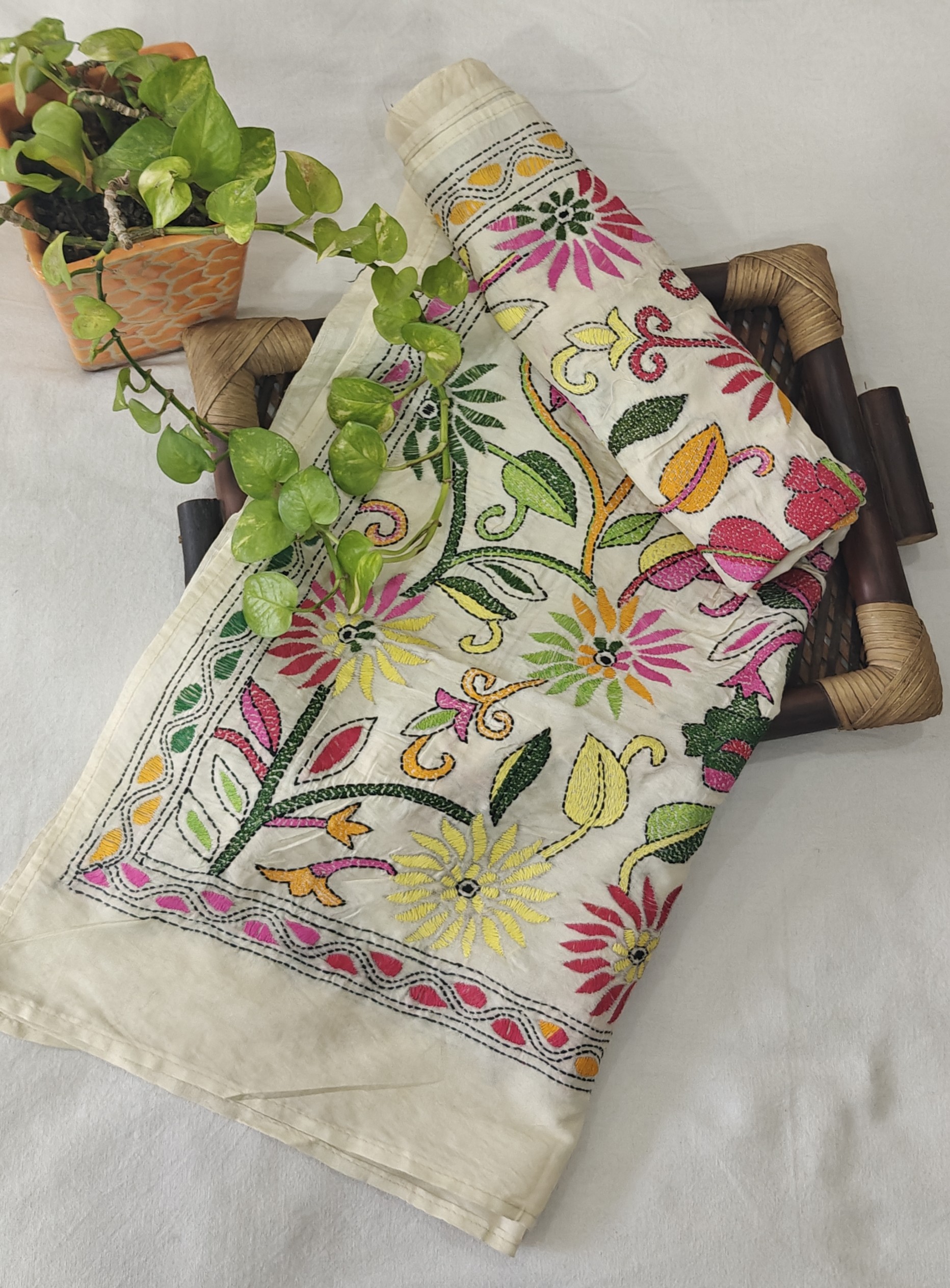 Bengal Kantha Embroidery Tussar Silk Dupatta